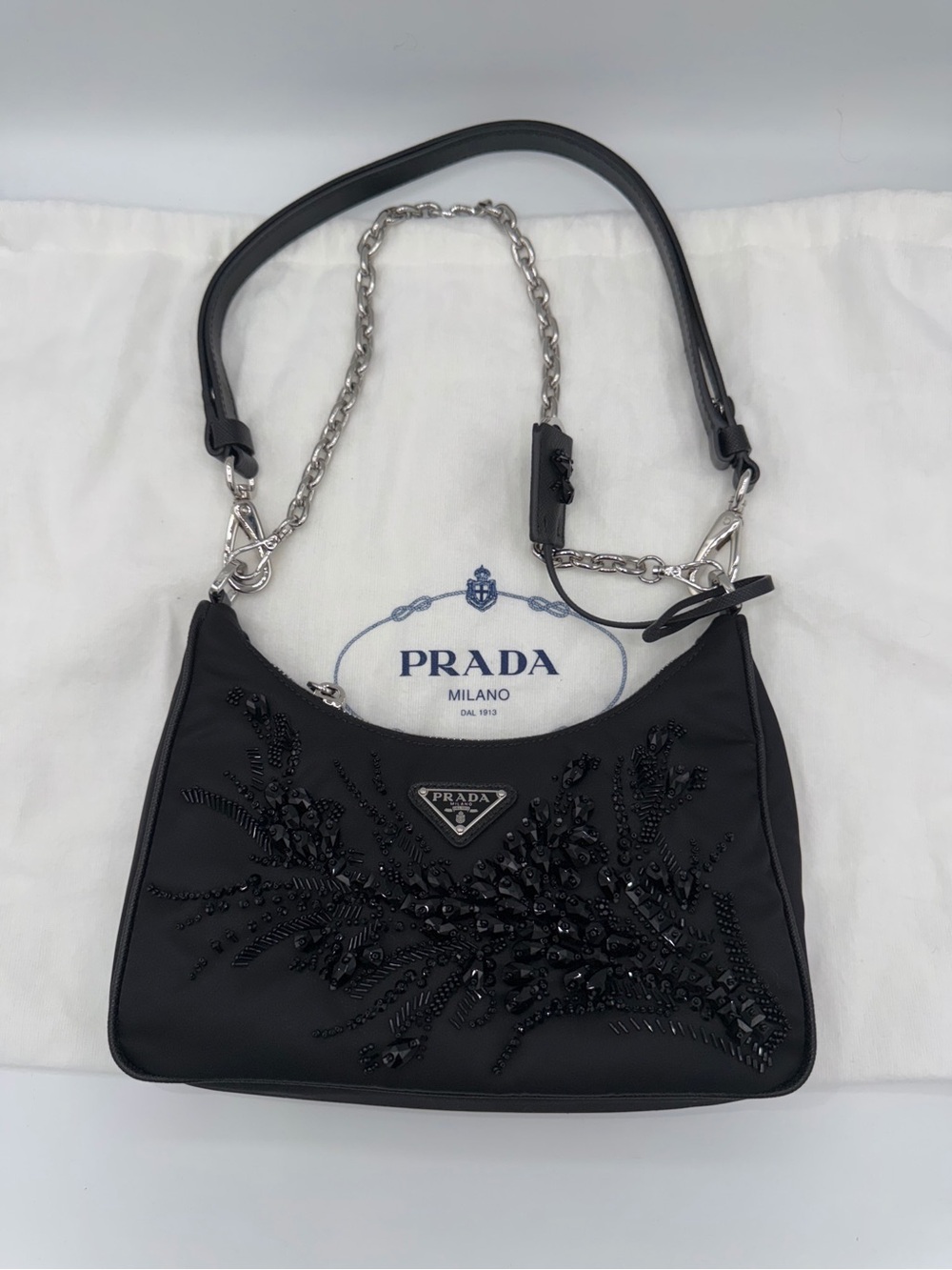 Prada Re-Edition Embellished Nylon Black Shoulder Bag - Picture 5 of 16